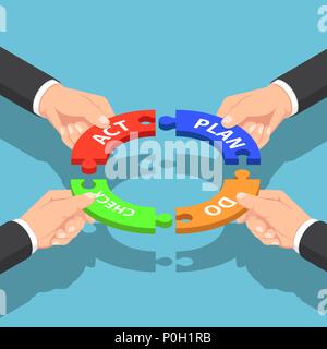 Flat 3d isometric businessman hands holding plan do check act jigsaw. PDCA business management concept. Stock Vector