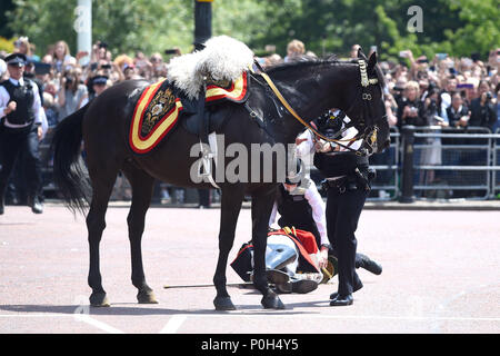 Lord Guthrie, former Chief of Defence Staff, 79, after he fell off his horse in front of Buckingham Palace following the Trooping the Colour ceremony at Horse Guards Parade, central London. Stock Photo