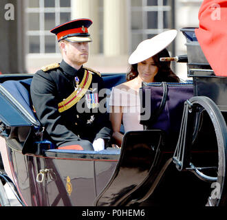 Photo Must Be Credited ©Alpha Press 079965 09/06/2018 Prince Harry Duke of Sussex and Meghan Markle Duchess of Sussex during Trooping The Colour at Buckingham Palace on the Mall in London. Stock Photo
