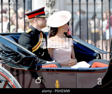 Photo Must Be Credited ©Alpha Press 079965 09/06/2018 Prince Harry Duke of Sussex and Meghan Markle Duchess of Sussex during Trooping The Colour at Buckingham Palace on the Mall in London. Stock Photo