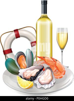 Meal of seafood with white wine illustration Stock Vector