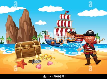 Happy Pirate and Kids  illustration Stock Vector