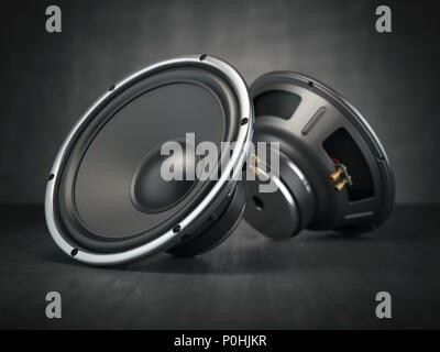 Sound speakers. Multimedia acoustic sound loudspeakers on black rough background. 3d illustration Stock Photo