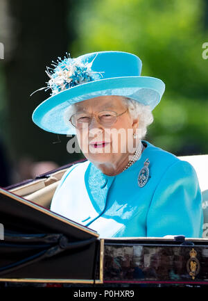 London, UK, 9 June 2018. HRH Queen Elizabeth II during Trooping the Colour - Queen Elizabeth II Birthday Parade 2018 at The Mall, Buckingham Palace, England on 9 June 2018. Photo by Andy Rowland. Credit: Andrew Rowland/Alamy Live News Credit: Andrew Rowland/Alamy Live News Stock Photo