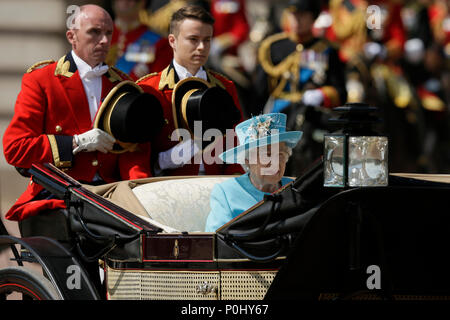 London, UK. 9th June, 2018. Britain's Queen Elizabeth II departs from Buckingham Palace during the Trooping the Colour ceremony to mark Queen Elizabeth II's 92nd birthday in London, Britain on June 9, 2018. Credit: Tim Ireland/Xinhua/Alamy Live News Stock Photo