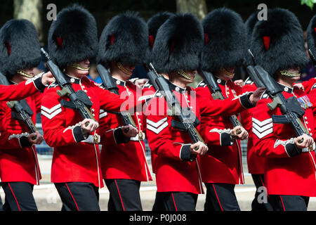 London, UK. 9th June 2018. Trooping The Colour. Coldstream Guards marching on parade in The Mall Credit: Raymond Tang/Alamy Live News Stock Photo