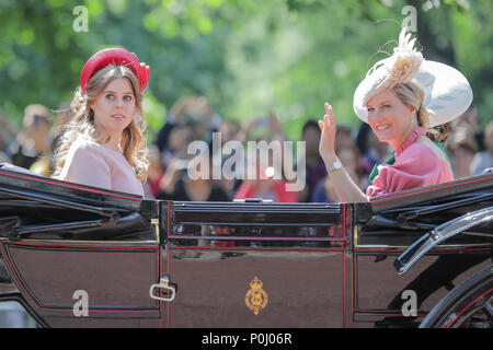 London, UK. 9th June 2018. Princess Beatrice of York, and Sophie, Countess of Wessex ride in a horse drawn carriage in the procession along The Mall at Trooping the Colour, The Queens Birthday Parade. London. Credit: amanda rose/Alamy Live News Stock Photo