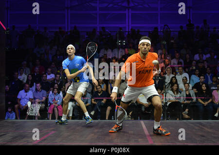 Dubai, UAE. 9th Jun, 2018. World no. 1 Mohamed ElShorbagy of Egypt (right) beat compatriot Ali Farag to win the Men’s 2017/18 PSA Dubai World Series Finals. El Shorbagy took 52 minutes to retain his title, winning 9-11, 11-3, 11-9, 11-8 Credit: Feroz Khan/Alamy Live News Stock Photo