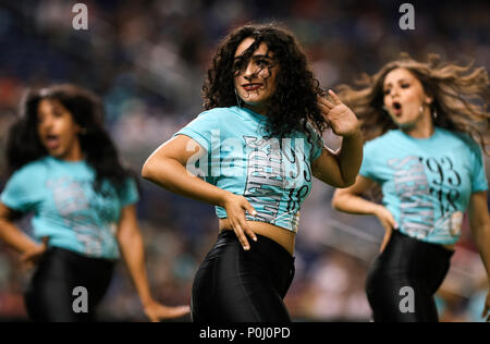 Miami, Florida, USA. 08th June, 2018. The Marlins Mermaids dance team ...