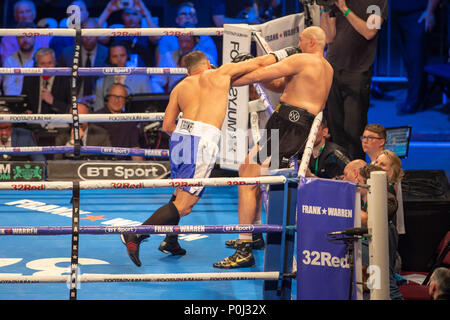 Manchester Arena, Manchester, UK. 9th June, 2018. Frank Warren Boxing Promotions, Tyson Fury versus Sefer Seferi; Sefer Seferi gets Tyson Fury on the ropes during their International Heavyweight Contest fight Credit: Action Plus Sports/Alamy Live News Stock Photo