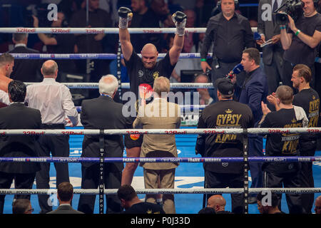 Manchester Arena, Manchester, UK. 9th June, 2018. Frank Warren Boxing Promotions, Tyson Fury versus Sefer Seferi; Tyson Fury celebrates the win of his International Heavyweight Contest fight against Sefer Seferi Credit: Action Plus Sports/Alamy Live News Stock Photo