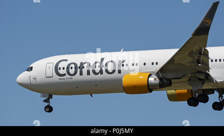 Richmond, British Columbia, Canada. 9th June, 2018. A Condor Boeing 767-300ER (D-ABUZ) wide-body jet airliner airborne on final approach for landing. Condor Flugdienst is a subsidiary of the Thomas Cook Group. Credit: Bayne Stanley/ZUMA Wire/Alamy Live News Stock Photo