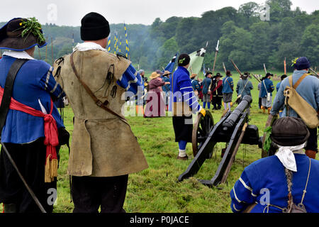 17th century military re-enactors in costume standing overlooking Battle of Bristol in English Civil war of 1641 to 1652 reenacted in Bristol, Ashton  Stock Photo