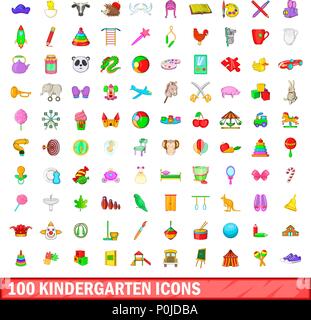 100 kindergarten icons set, cartoon style Stock Vector