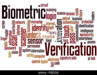 Biometric verification, word cloud concept on white background. Stock Photo