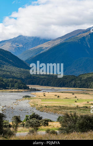 View from Cameron Flat Camping Ground, It's located in the Mount Aspiring National Park near the Makarora River, South Island of New Zealand Stock Photo