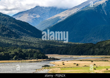 View from Cameron Flat Camping Ground, It's located in the Mount Aspiring National Park near the Makarora River, South Island of New Zealand Stock Photo