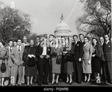 Description: Grup of actors including Humphrey Bogart, Lauren Bacall, Richard Conte, June Havoc and John Huston, contrary to the witch-hunt promoted by Senator Joseph McCarthy.  Original Film Title: MISC: CAZA DE BRUJAS.  English Title: MISC: CAZA DE BRUJAS.  Stars: LAUREN BACALL; HUMPHREY BOGART; RICHARD CONTE; JUNE HAVOC; JOHN HUSTON. Stock Photo