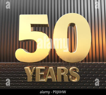 Golden number fifty (number 50) and the word 'years' against the background of metal rectangular parallelepipeds in the rays of sunset, 3D illustratio Stock Photo