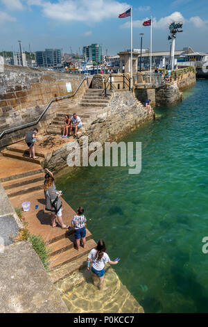 The Mayflower Steps in Plymouth, England. Although not the actual site where the Pilgrim Father's departed, it is close enough to be a major attractio Stock Photo