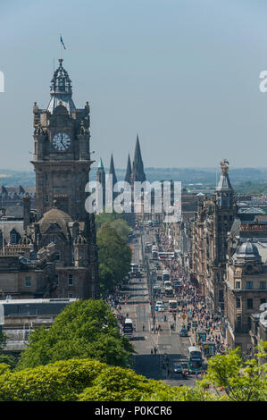 A view of Edinburgh from Carlton Hill in Edinburgh including Scott's monument and the Balmoral Hotel Clock Tower and the castle in the distance Stock Photo