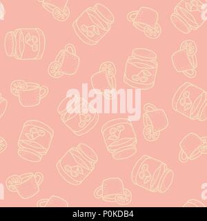 Seamless vector pattern with tea with lemon and cherry jam on pink Stock Vector