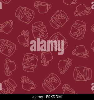Seamless vector pattern with tea with lemon and cherry jam on bordo Stock Vector