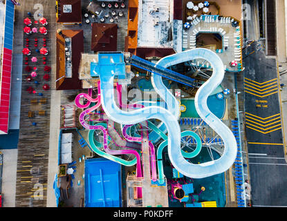 water park slides aerial shot in the morning with no people Stock Photo