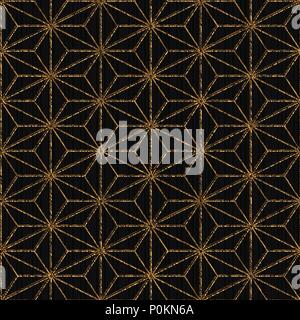 Seamless pattern based on japanese sashiko. Hemp leaf motif - Tobi asa-no-ha. Golden color. Abstract geometric texture. Plain backdrop for decoration, Stock Vector