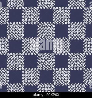 Checkered Shibori cloth motif. Japanese seamless pattern. Dark background. Indigo color. Classic asian dyeing technique. Plain texture for wallpaper,  Stock Vector