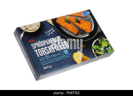 Stockholm, Sweden - February 2, 2018: Close up och one package of 360 grams ICA crispy cod fillets for the Swedish market as seen in shops in February Stock Photo