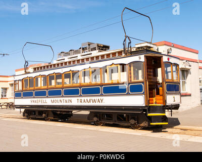 Snaefell Mountain Railway (Snaefell Mountain Tramway) at the summit of Snaefell, Isle of Man, UK Stock Photo