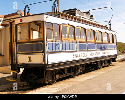 Snaefell Mountain Railway (Snaefell Mountain Tramway) at the summit of Snaefell, Isle of Man, UK Stock Photo