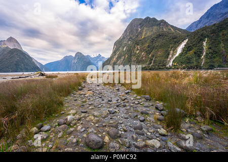 Milford Sound (Piopiotahi) is a famous attraction in the Fiordland National Park, New Zealand's South Island Stock Photo