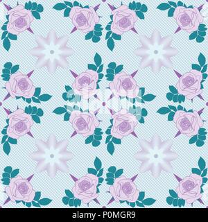 Vector seamless pattern. Violet roses on light blue background with geometric decoration. Stock Vector