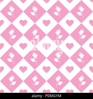 Roses seamless vector geometric monochromatic background - pattern for continuous replicate on pink background. Stock Vector