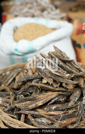 Dry Smoked fish stall in street market Stock Photo