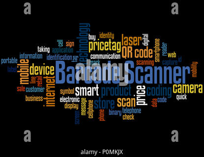 Barcode scanner word cloud concept on black background. Stock Photo