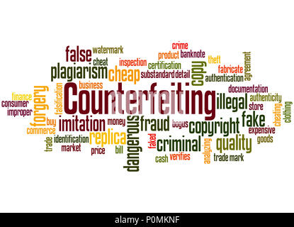 Counterfeiting word cloud concept on white background. Stock Photo