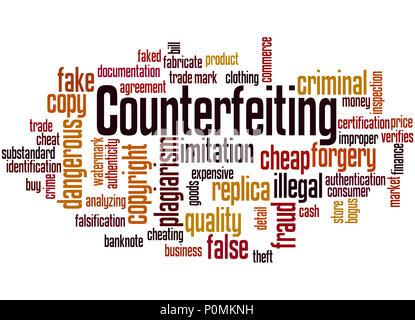 Counterfeiting word cloud concept on white background. Stock Photo
