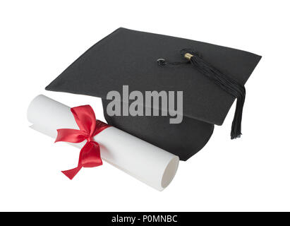 Black graduate hat and paper scroll tied with red ribbon with a bow, isolated on white background Stock Photo