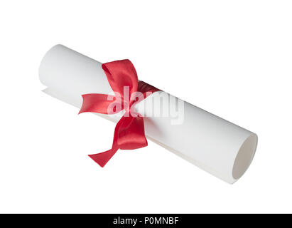 Paper scroll (diploma) tied with red ribbon isolated on a white background Stock Photo