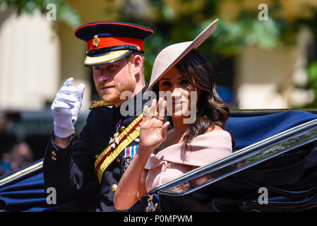 Trooping the Colour 2018. Meghan Markle, Duchess of Sussex, and Prince Harry, Duke of Sussex in carriage on The Mall, London, UK Stock Photo