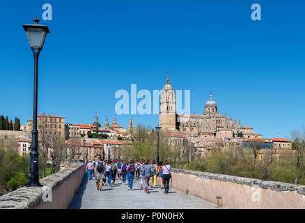 Salamanca, Spain. View towards the old town and cathedrals from the Puente Romano (Roman Bridge), Salamanca, Castilla y Leon, Spain Stock Photo