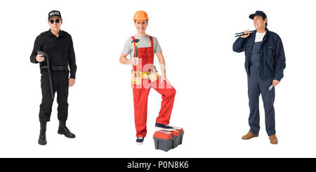 Collage with male professions policeman, builder and plumber isolated on white Stock Photo