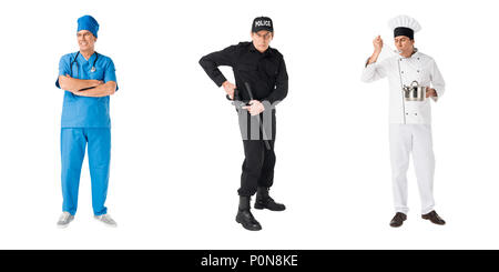 Set of male professions policeman, chef and doctor isolated on white Stock Photo