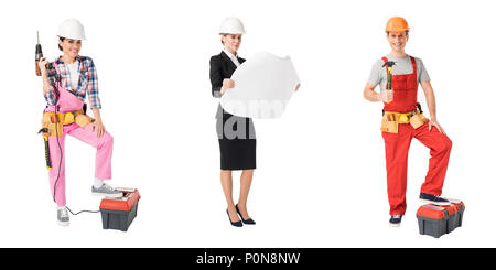 Collage with construction and repair professions workers isolated on white Stock Photo