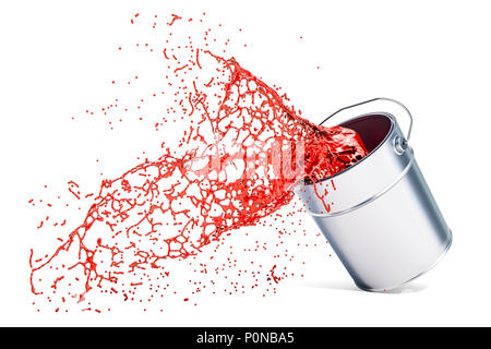 Red paint splashing out of can, 3D rendering isolated on white background Stock Photo