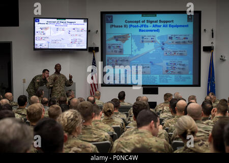U.S. Army Lt. Col. Bernard Brogan, mission planner, 82nd Airborne Division, briefs U.S. Air Force Airmen, Army Soldiers, and British army soldiers, on the concept of signal support during the joint mission brief, Pope Army Air Field, N.C., June 6, 2018, during Exercise Swift Response 18 (SR18) . SR18 is one of the premier military crisis response training events for multinational airborne forces in the world that demonstrates the ability of America's Global Response Force to work hand-in-hand with joint and total force partners. (U.S. Air Force photo by Airman First Class Gracie I. Lee) Stock Photo