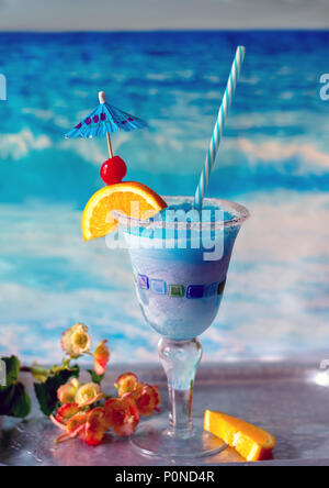 delicious frozen drink called a blue whale, with ice, lemonade, citrus vodka and curacao blue Stock Photo